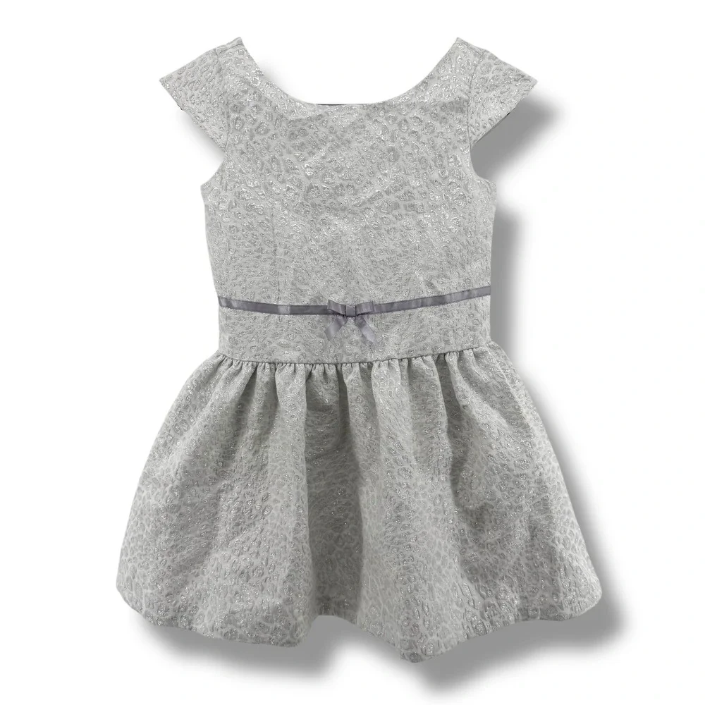 Janie & Jack Silver‎ Metallic Leopard Party Dress Girls Size 4 Cap Sleeve Bow
